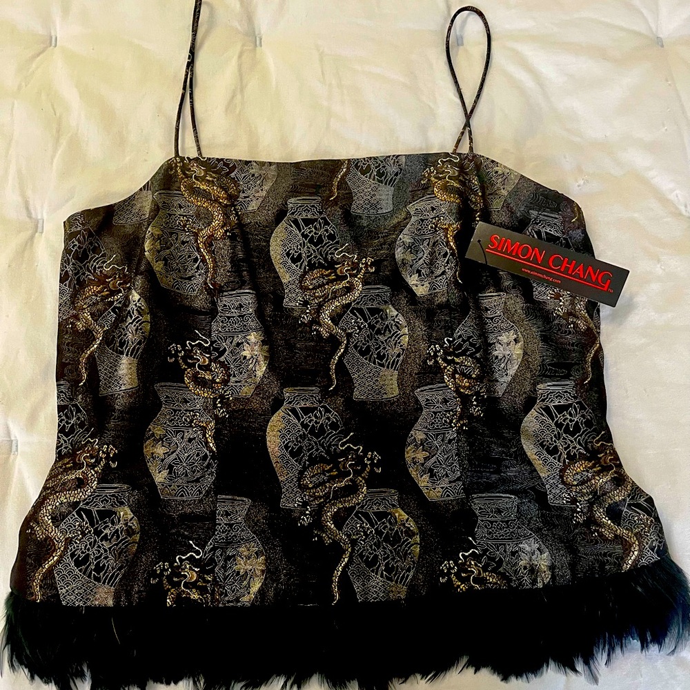 NEW Simon Chang Black, Gold Camisole Intricate designs. Real Ostriches Feathers